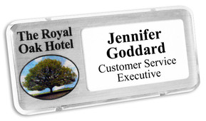 Reusable plastic name badges - Clear border and brushed silver background | www.namebadgesinternational.ie